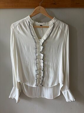 Free People Women's Cream Ruffle-Trim Button Front Blouse
